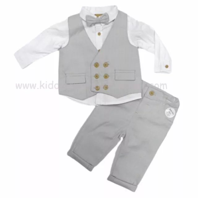 Baby Boys Little Gent Formal Outfit Waistcoat Shirt Bow Tie & Trousers Grey Suit