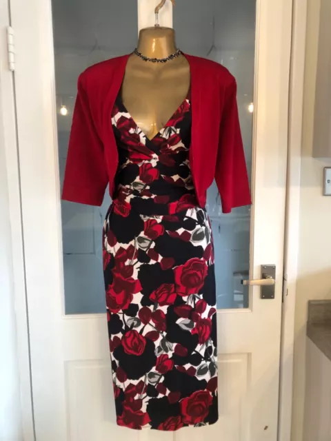 Phase Eight Black Red Ruched Floral Wiggle Dress & Red Bolero 16