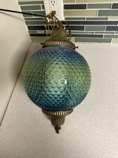 MCM Mid Century Swag Hanging Hobnail Ball Glass Lamp Blue Green Antique Brass