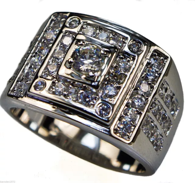 Championship Style Geometric CZ Mens Ring White Gold Overlay size 13 T5 3