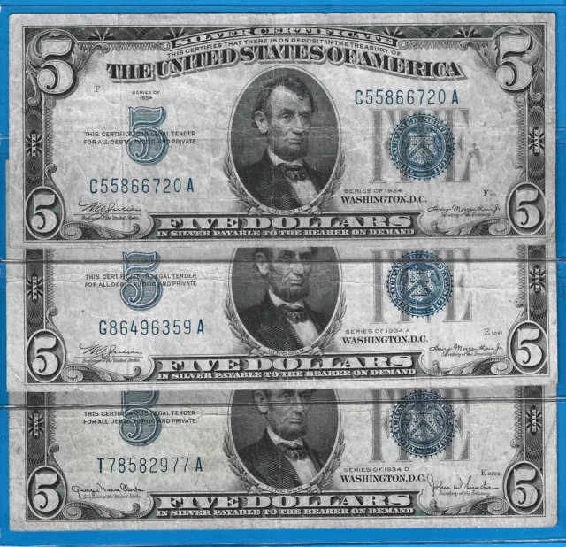 1934/A/D $5 Silver Certificates 3) Notes,Blue Seal,Circ F/VF,Nice!