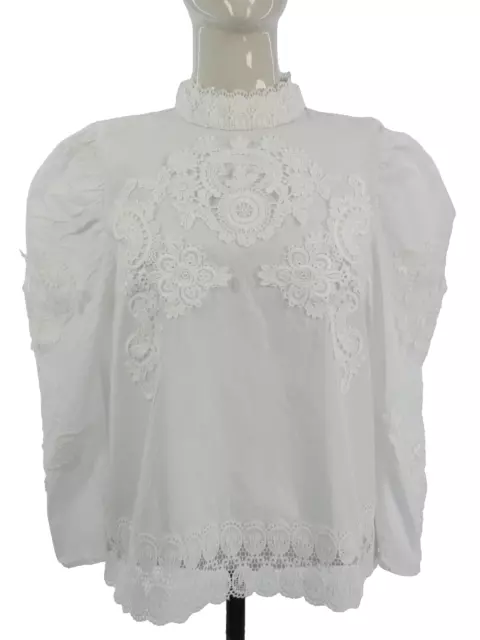 Zara Blouse Victorian White Cotton Poplin Lace Broderie Anglaise Puff Sleeve M
