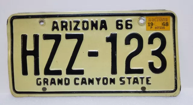 #382 Vintage 1966 Clear Arizona Embossed License Plate Hzz-123 With 1968 Tag