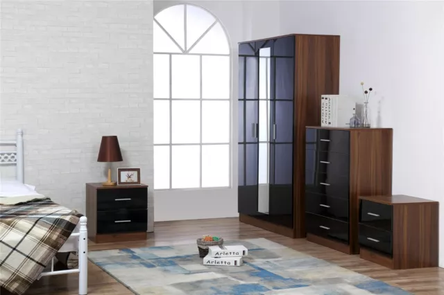 REFLECT Black & Walnut 1 2 3 Door Wardrobe Chest Bedside Drawer Desk Set