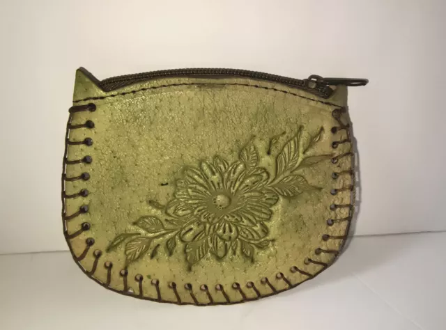 Vintage Mexican Hand Tooled Coin Purse Wallet Flower Green Leather Zip Closure