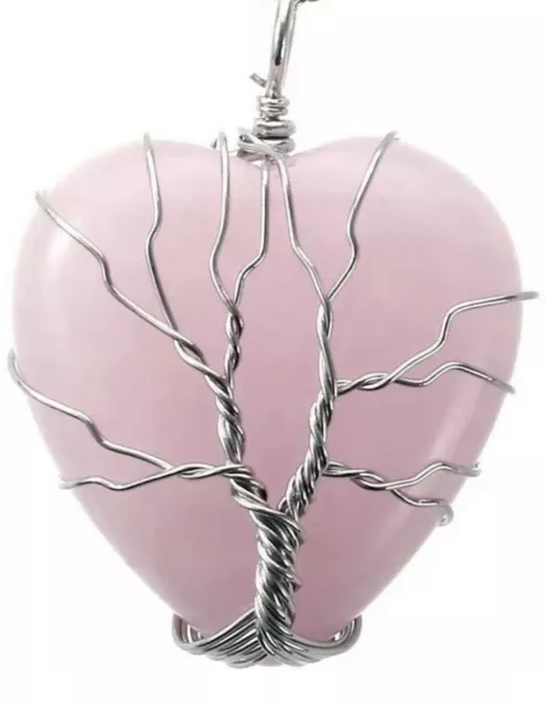 Natural Rose Quartz Healing Crystal Necklace Silver Tree of Life Wire U.S.SELLER