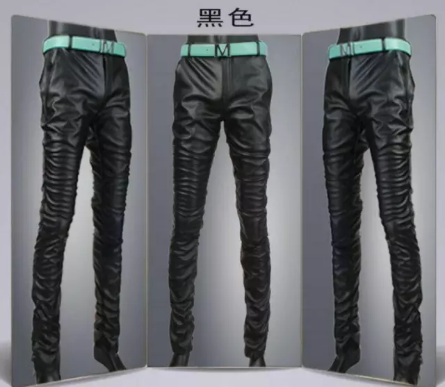 Fashion Mens PU Leather Fit Colorful Pants Slack Trousers Luxury Stylish Slim MO 2