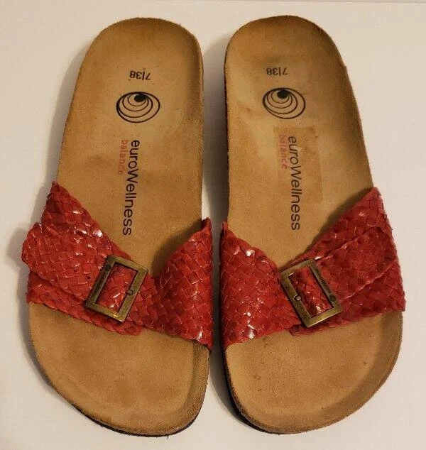 EuroWellness Balance Womens Sz 7/38 Red Leather Sandals Arch Support Slides
