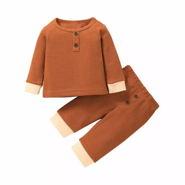 Baby Pullover Top Long Pants Casual Set Girls Button Deco Waffle Knit Clothes