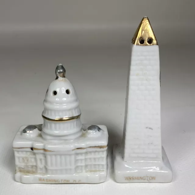VTG US Capital Bldg And Washington Monument Salt And Pepper Shakers White Gold