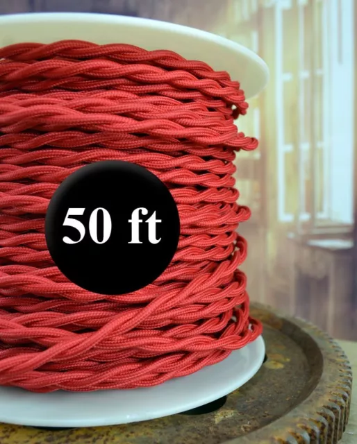 RED Cloth Covered Twisted Wire 50ft Roll - Lamp Cord - Antique Fan Rewire