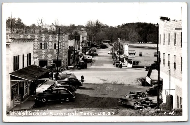 Vtg Sunbright Tennessee TN Street Scene Old Cars Coca Cola RPPC Postcard