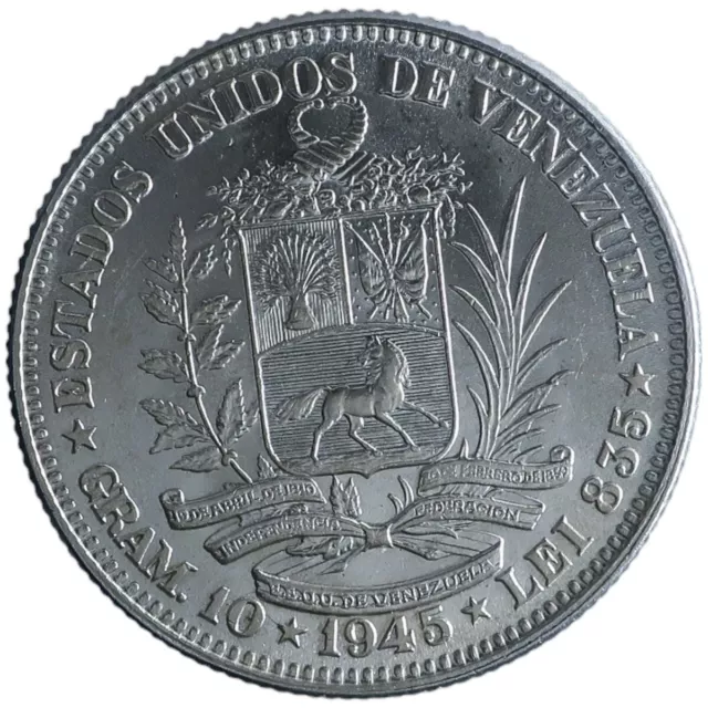 1945 Venezuela Silver 2 Bolivares Simon Bolivar Excellent Unc Coin Z949