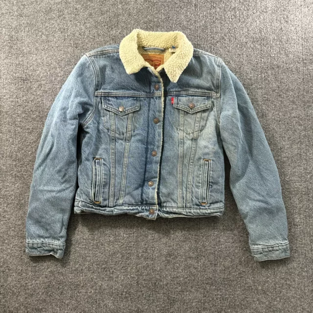 VTG Levis Denim Jean M Cropped Sherpa Shearling trucker Jacket y2k cottage farm