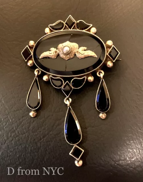 Antique Victorian Mourning Brooch Black Onyx Gold Filled Seed Pearl Dangle VIDEO