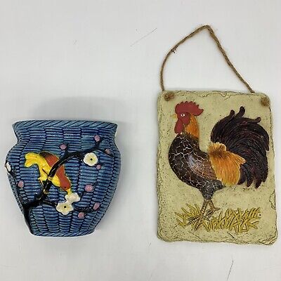 VTG Japanese Hand Painted Ceramic Yellow Bird & Rooster Wall Hangings (set of 2)