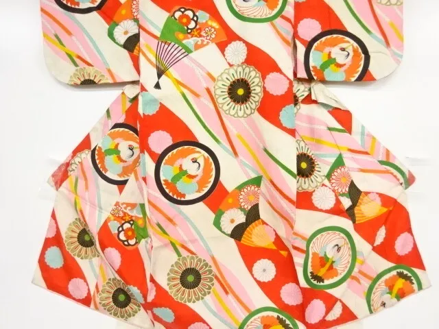 80219# Japanese Kimono / Antique Kimono For Girls / Crane & Kumihimo Cord Pa