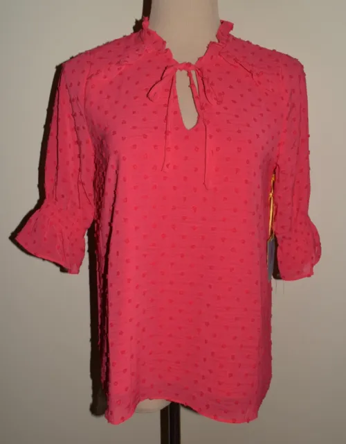 New Womens CeCe Top Small Pink 3/4 Sleeve Textured Tie Keyhole Blouse