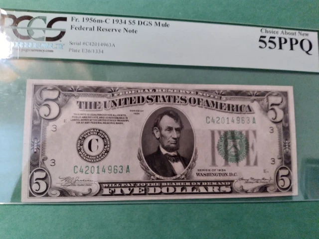 Fr. 1956m-C 1934 $5 FRN Mule DGS (CA Block) PCGS Choice About New 55PPQ Philly.
