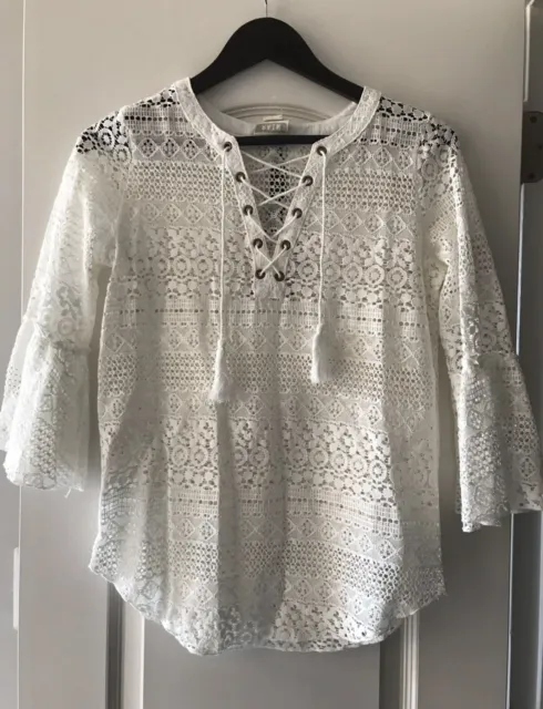 RAIN Peasant Festival Boho White Lace Cottagecore Top Blouse Womens Size S Small