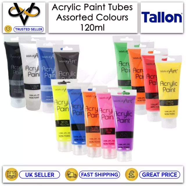 Work of Art Acrylic Paint 120ml Assorted Colours & White Plastic Paint Palette