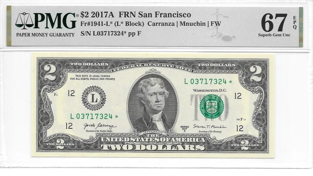 2017A* San Francisco $2 FRN (L* Block) PMG 67 EPQ Superb Gem Uncirculated