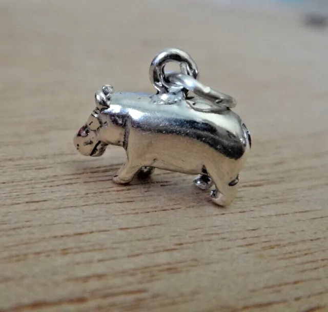 3D 14x10mm solid Hippopotamus Hippo Sterling Silver Charm
