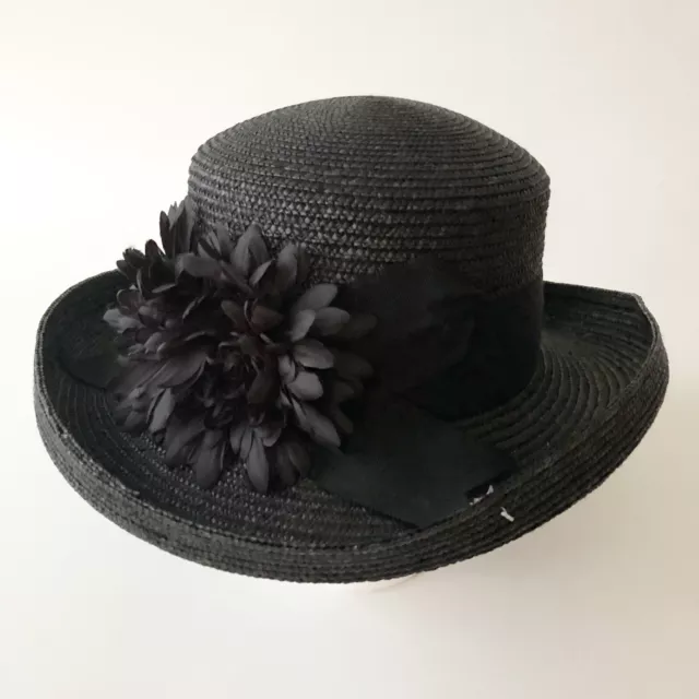 BETMAR VTG Womens Straw Hat Black Rose Rolled Brim Black Flower Wedding Church