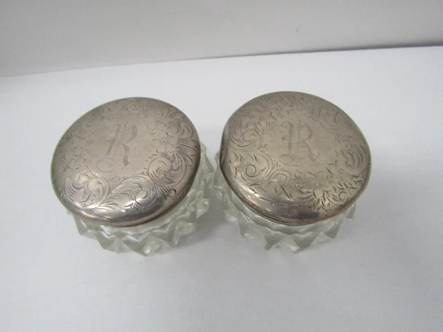 ANTIQUE Sterling Silver and Etched Glass Vanity Jars- Set of 2 2