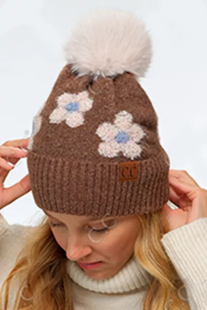 C.C Exclusive Women Winter Soft Knit Daisy Floral Pattern Cuff Beanie Fur Pom 3