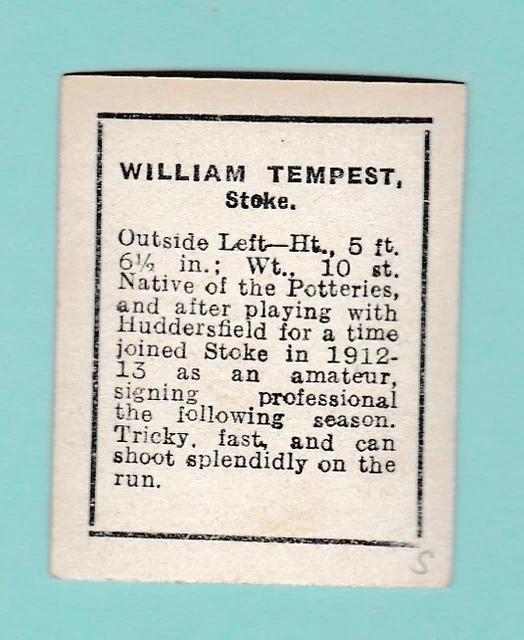 Stoke  F.c.  -  Footballer -  William Tempest (B) -  D. C. Thomson  -  C 1930 2