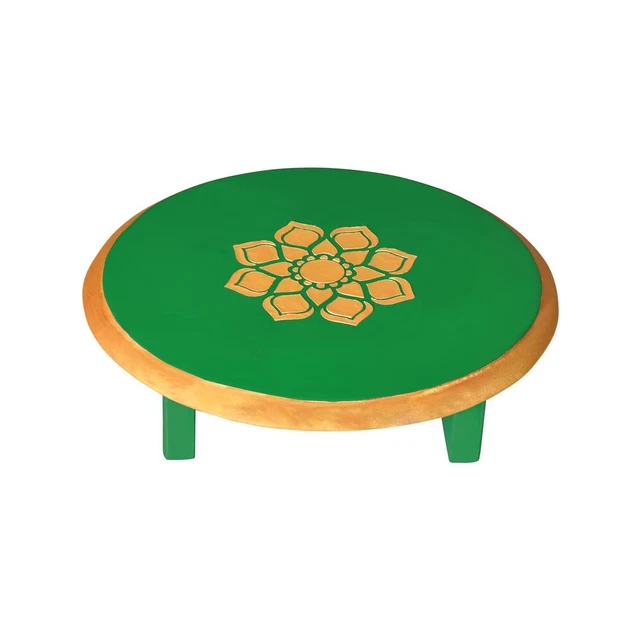 Indian Traditional Wooden Round Mini Pooja Chowki Color Green