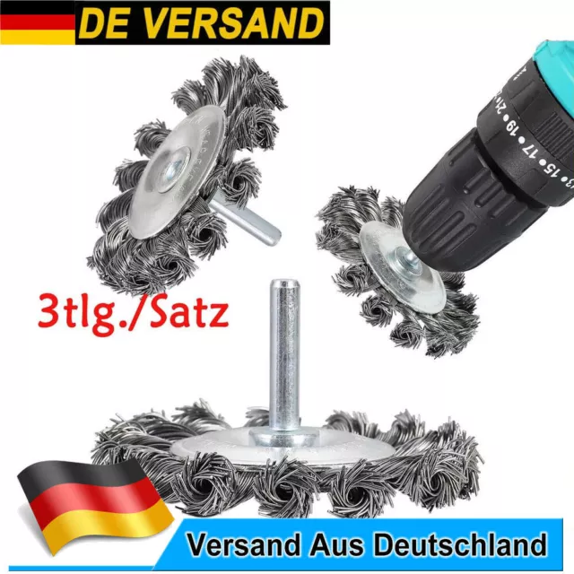 3x Scheibenbürste Drahtbürste 75 Mm Bürste Gezopft Für Bohrmaschine Schaft 6 Mm