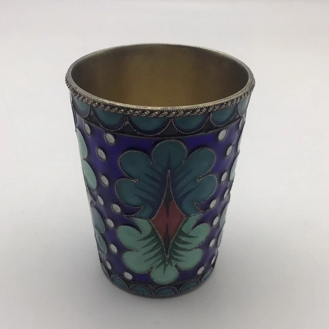 Russia Soviet Art Enamel Silver Vodka Beaker Cups Shots