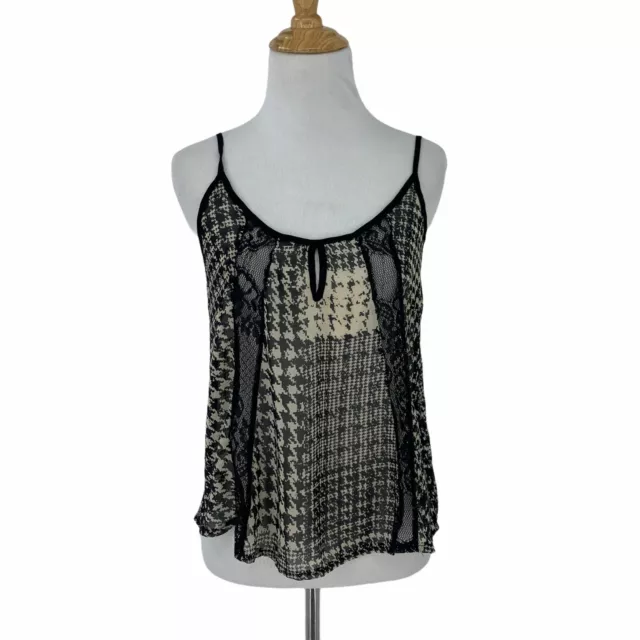 Lush Houndstooth Tank Top Womens Size XS See Through Mesh Contrast Keyhole Loose