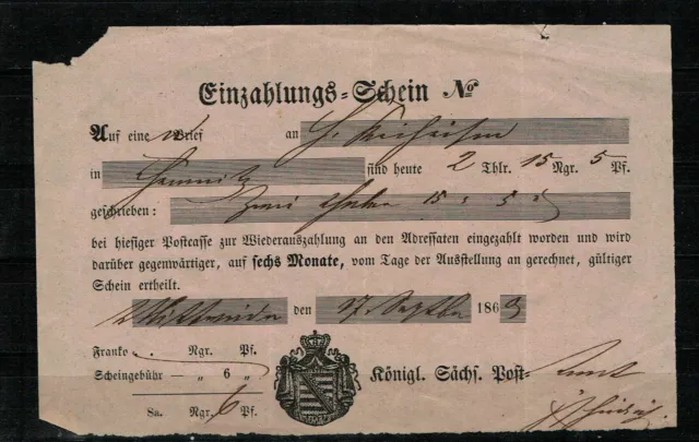 Einzahlungsschein, Postschein Sachsen Mittweida nach Chemnitz 1863