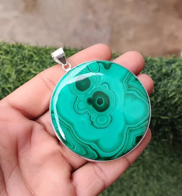 Solid 925 Sterling Silver Unique Large Malachite Round Cut Women Pendant H665