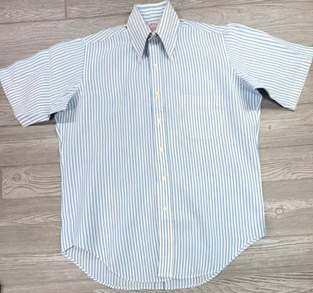 Vtg Brooks Brothers Blue Stripe Button Up Short Sleeve Poplin Shirt Mens M USA 2