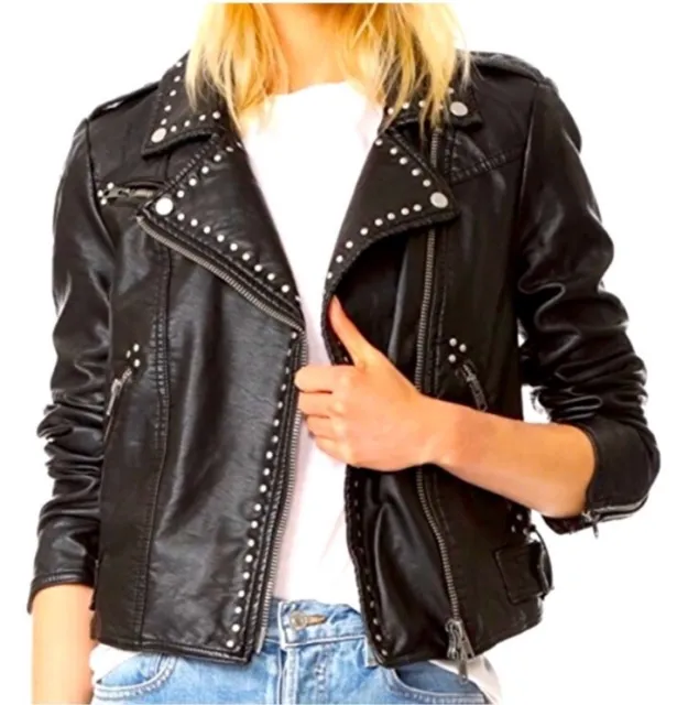 Free People Studded Motorcycle Moto  Faux Leather Jacket Women's Size M