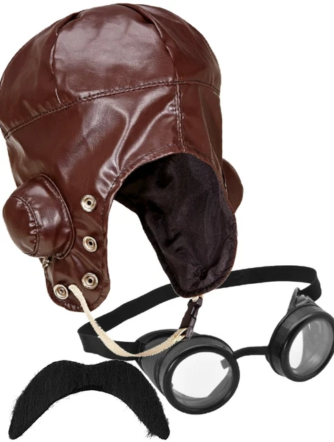 Fancy Dress Biggles Pilot Aviator Hat with Goggles Moustache Airman WW2 1940s