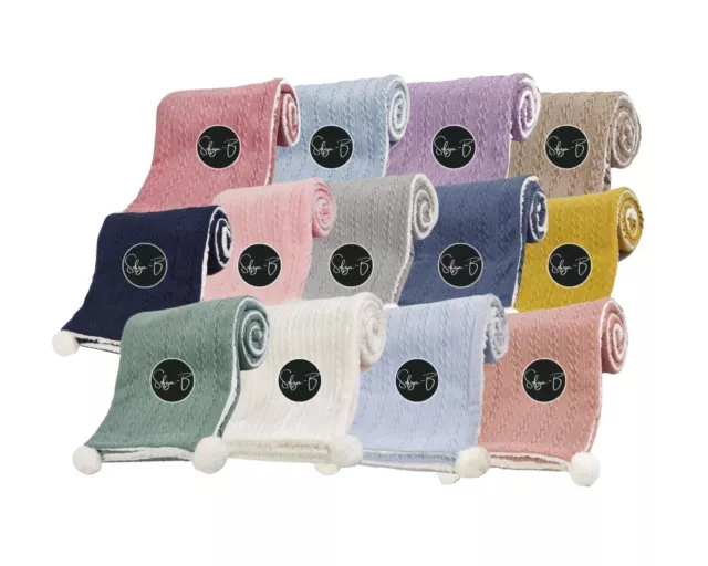 Baby Blanket Cable Knit Newborn Infant Blanket Pom Pom Soft Sherpa Fleece Lined