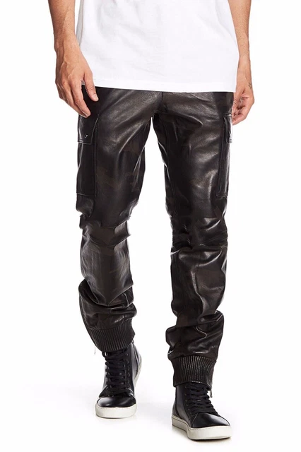 Pantalone da uomo in vera pelle di agnello nera 100% in pelle cargo...