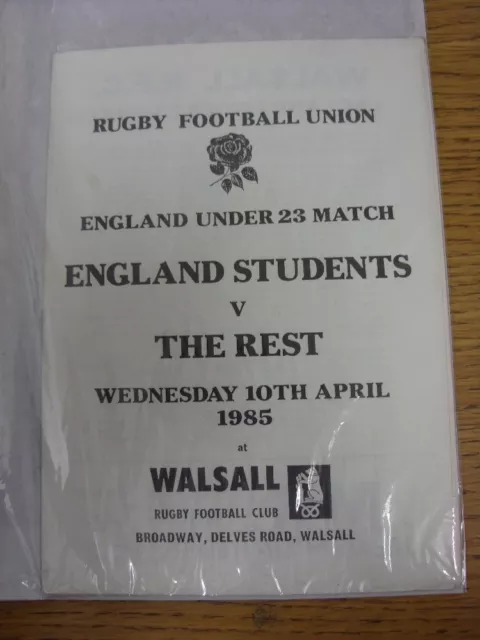 10/04/1985 Rugby Union Programme: England Students U23 v England The Rest U23 (4