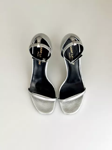 NEW SAINT LAURENT Jane Metallic Silver Leather Ankle Strap Sandals Size 38.5
