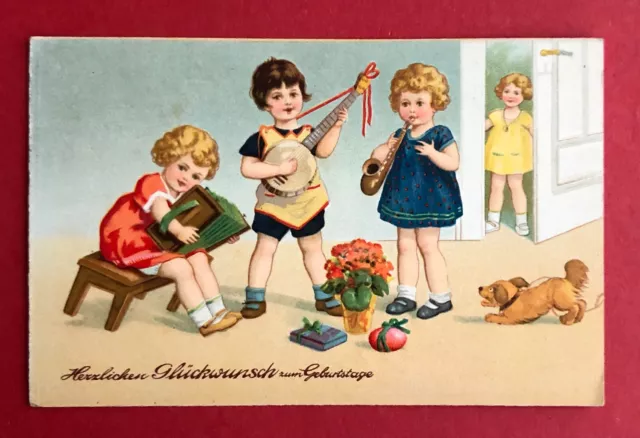 Glückwunsch AK GEBURTSTAG 1933 Kinder mit Musikinstrumenten und Hund ( 82725