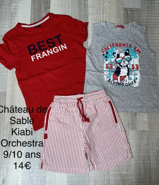 Château De Sable Kiabi Orchestra 10 Ans Lot Garçon : T Shirts + Short Rayé Rouge