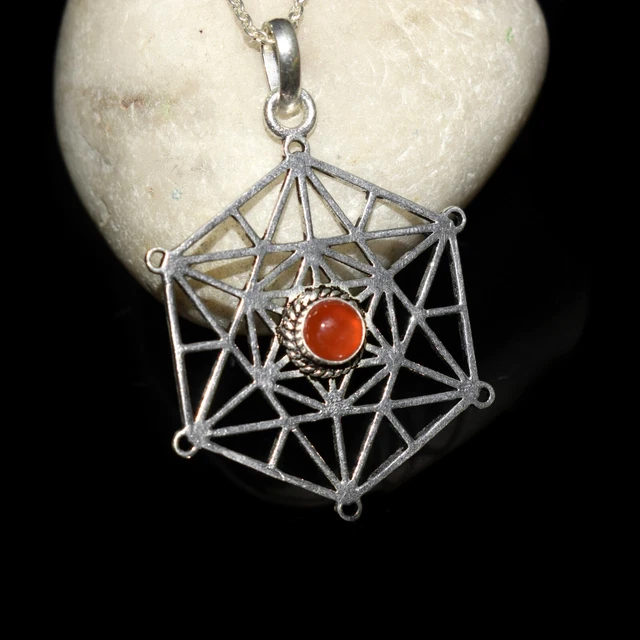 Carnelian Gemstone Metatron's Cube Sacred Geometry Pendant Chain in Silver Brass