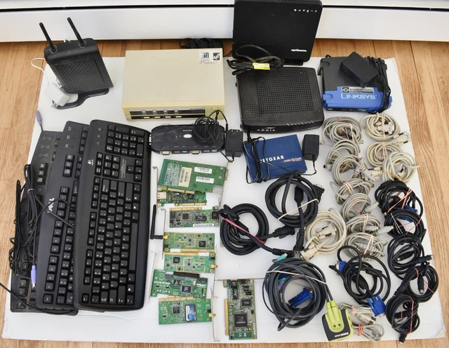 HUGE LOT Computer Equipment Routers Cards Cables Keyboards Switches Belkin Etc..