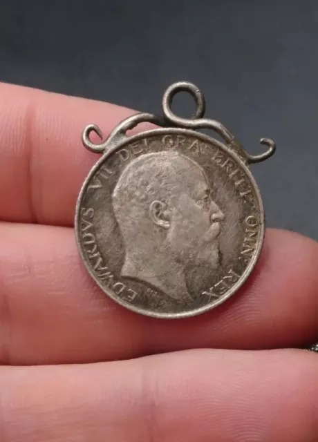 1902 Antique English Silver One Shilling Coin Pendant. Edwardian. Free UK P&P