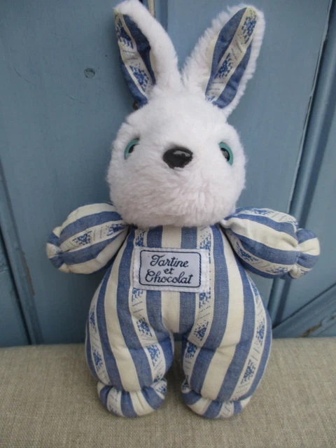 Doudou Peluche Vintage Tartine Et Chocolat Lapin Bleu Rayee / Tbe